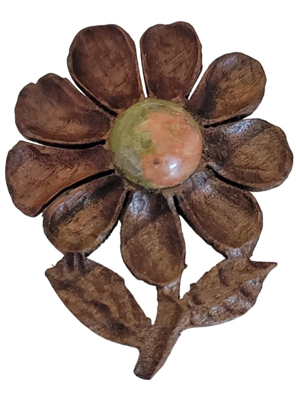 Rustic Vintage Wood Carved Flower, Unakite Center Cab Pin Brooch K346